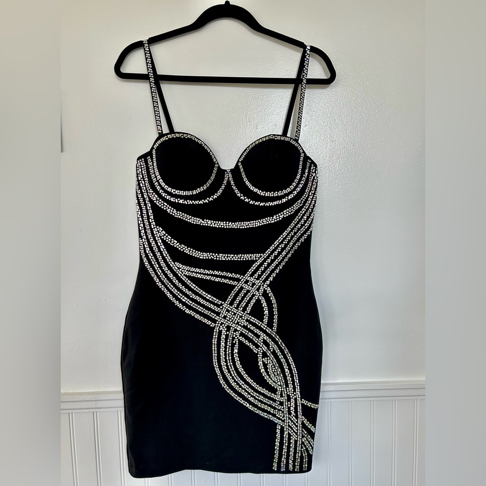 Fashion Nova Black Mini Dress with Rhinestone Embellishments. NWT. Size L